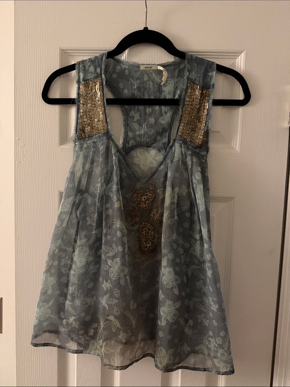 Kimchi Blue Sheer Blue Floral Camisole with Gold Beading